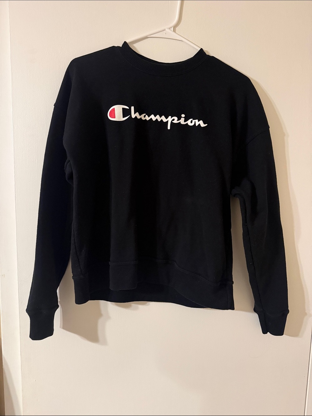 Champion Black Crewneck Sweatshirt with White Script and Red Logo